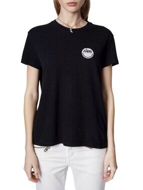NWT Zadig & Voltaire ZOE Black Happy Logo Embroidered Smile Short Sleeve T-Shirt